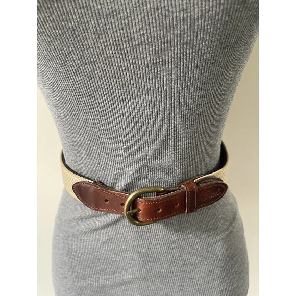 LL BEAN Mens Fisherman Fish Belt Size 32 Leather Tan Canvas Brass Buckle - Picture 1 of 10